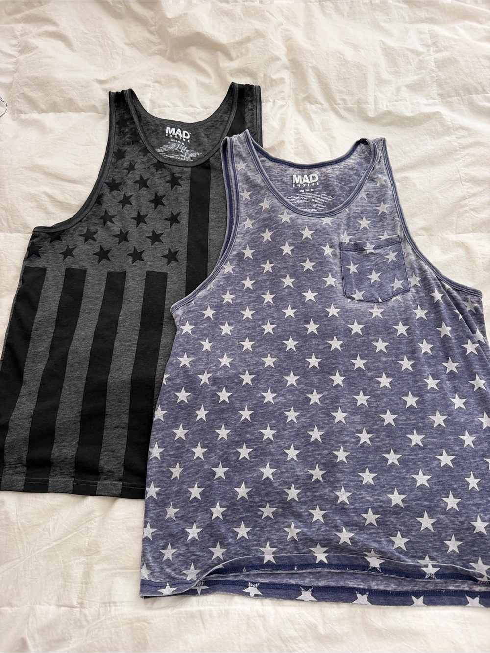2 NWOT MAD Engine Black & Gray American Flag and Blue Star Tank Top Size Medium
